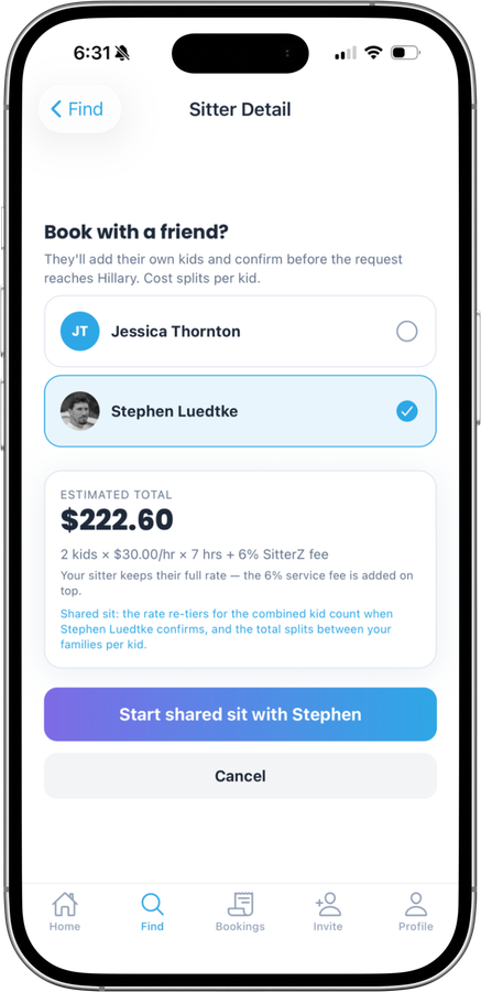 Sitterz shared booking screen