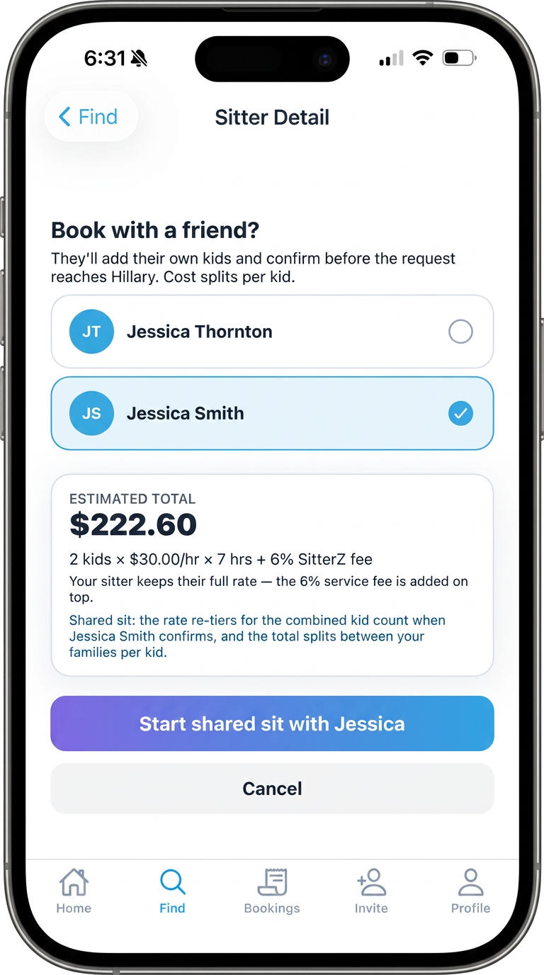 Sitterz shared booking screen